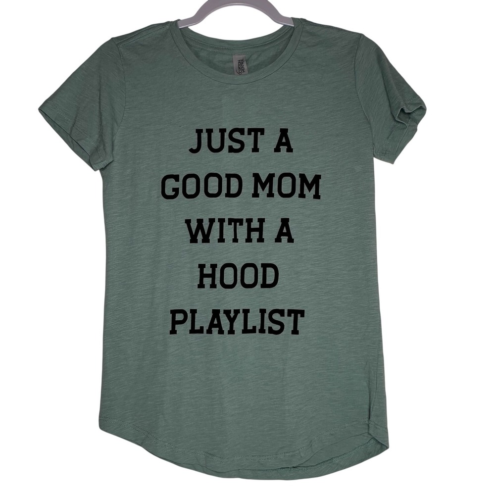 Cotton Heritage Just A Good Mom With A Hood Playlist Graphic Tee Sage Green S
